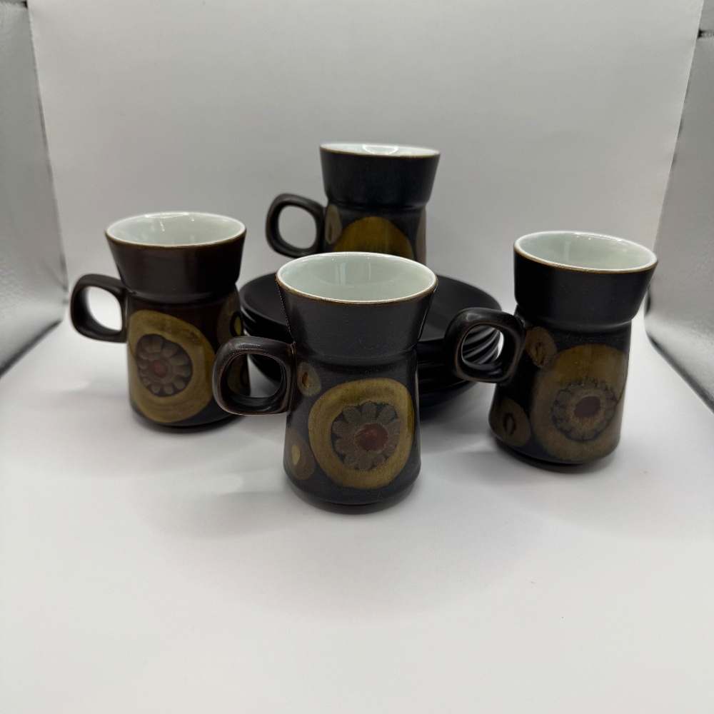 Denby Arabesque Small Coffee or Tea Cups and Saucers. Set of 4.